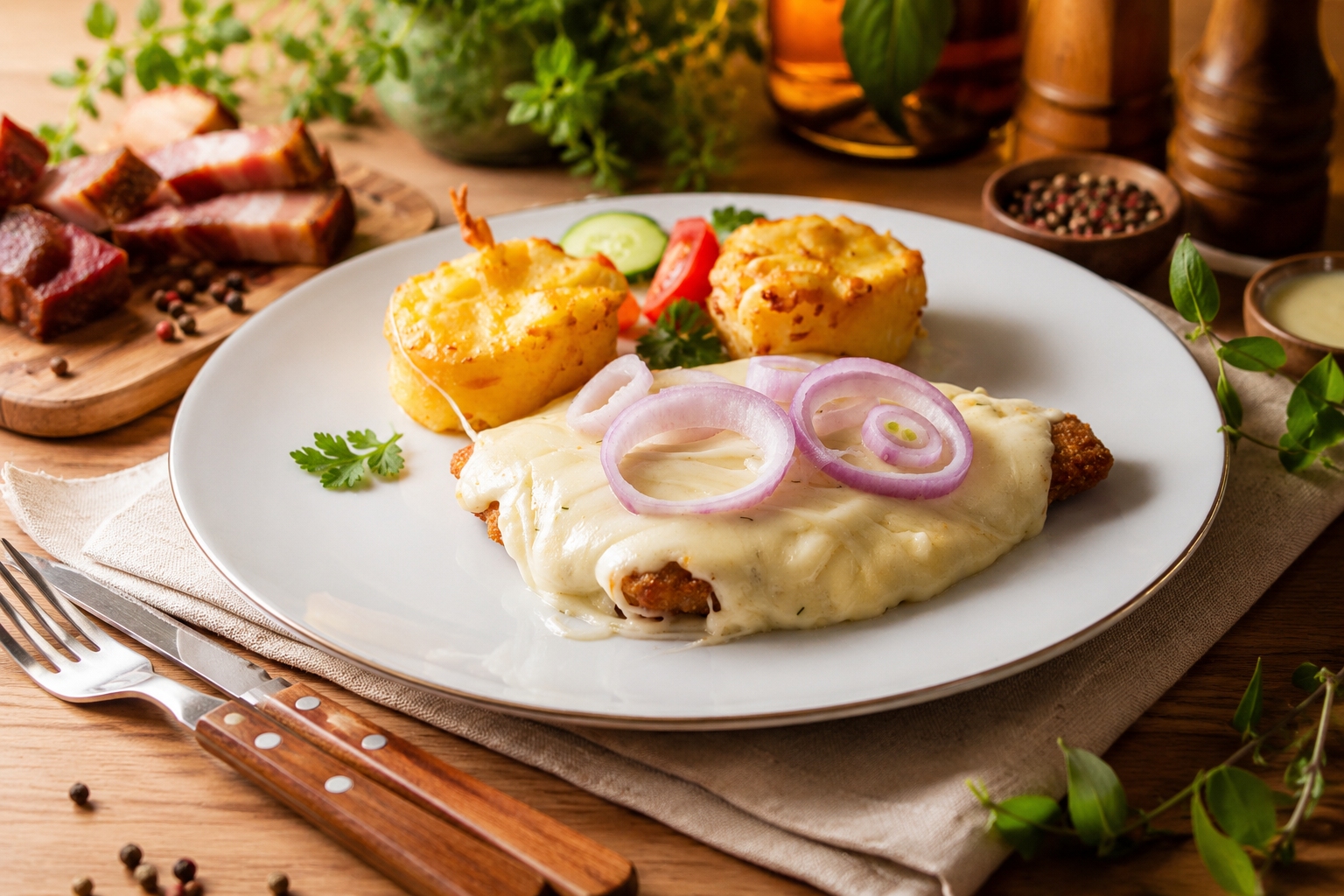 Bundázott Sertésszelet baconnal mozzarella sajttal  burgonya gratinnal (A,C,G) - Schweinekotlett mit Speck,Mozzarella,kartoffelauflauf - Pork chop covered with bacon,mozzarella and potato gratin