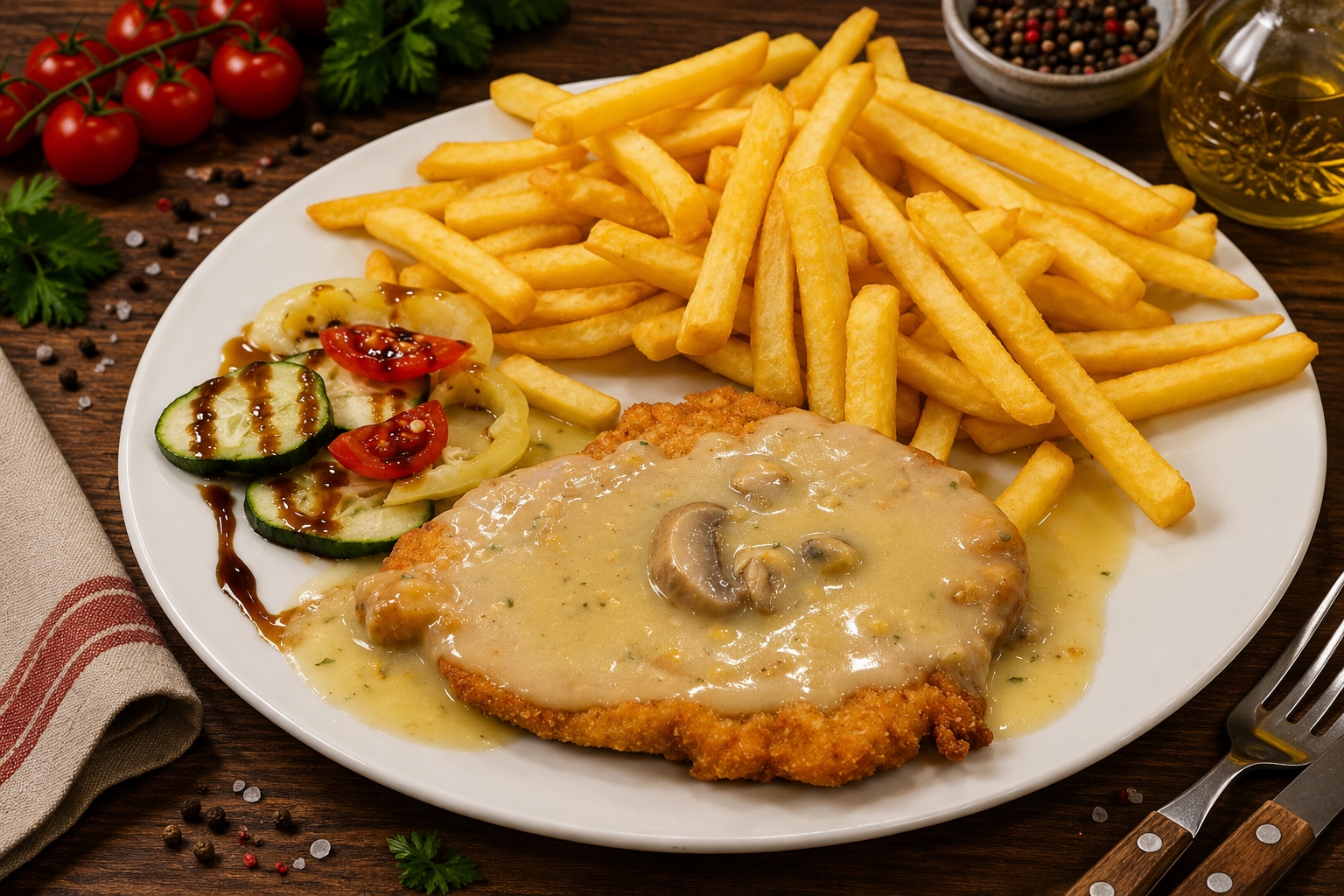 Rántott Jércemell Gombamártással, hasábburgonyával (A,C,G) - Gebratene junge Hähnchenbrust mit Pilzsauce und Pommes frites - Fried JércemFried young chicken breast with mushroom sauce and French friesell with