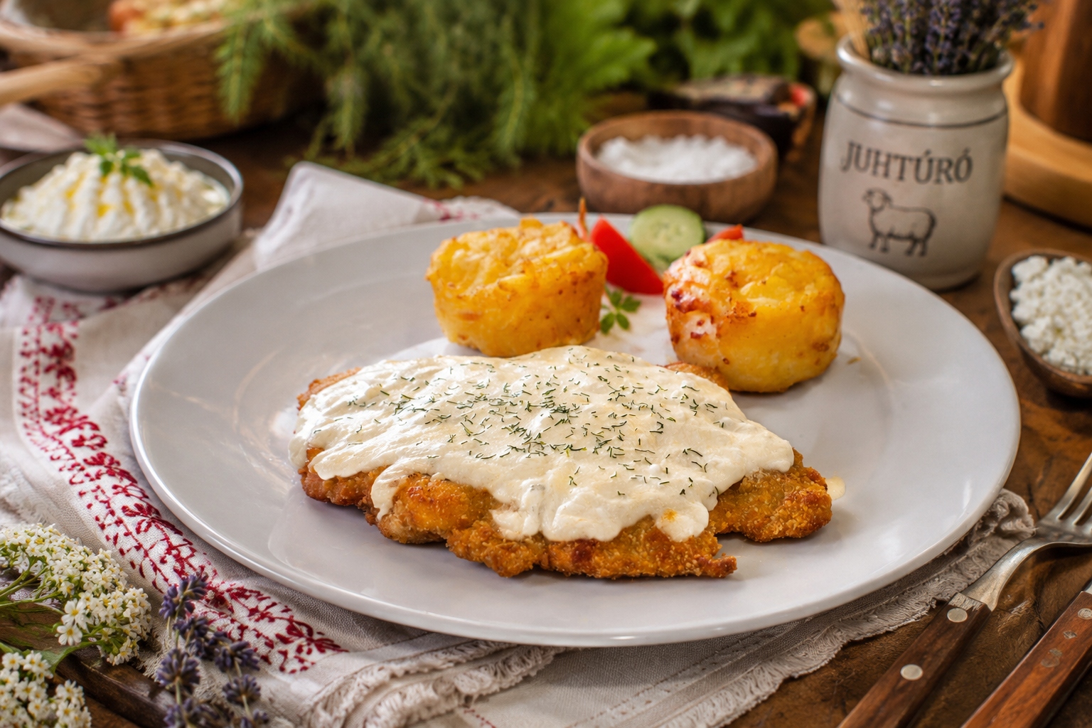 Bundázott Sertésszelet kapros juhtúróval és mozzarella sajttal,burgonya gratinnal (A,C,G) - Schweinekotelett bedeckt mit Dill- Schafsquark und Mozzarella, mit Kartofellauflauf - Pork chopcovered with dill sheep's curd and mozzarella and potato gratin