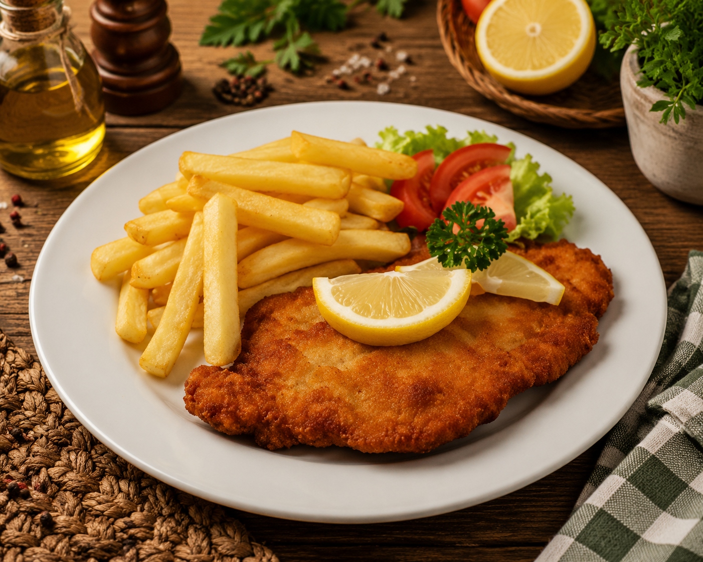 Rántott jércemell hasábburgonyával (A,C,G) - Schnitzel mit pommes Hühner - Breaded Chicken whit potato