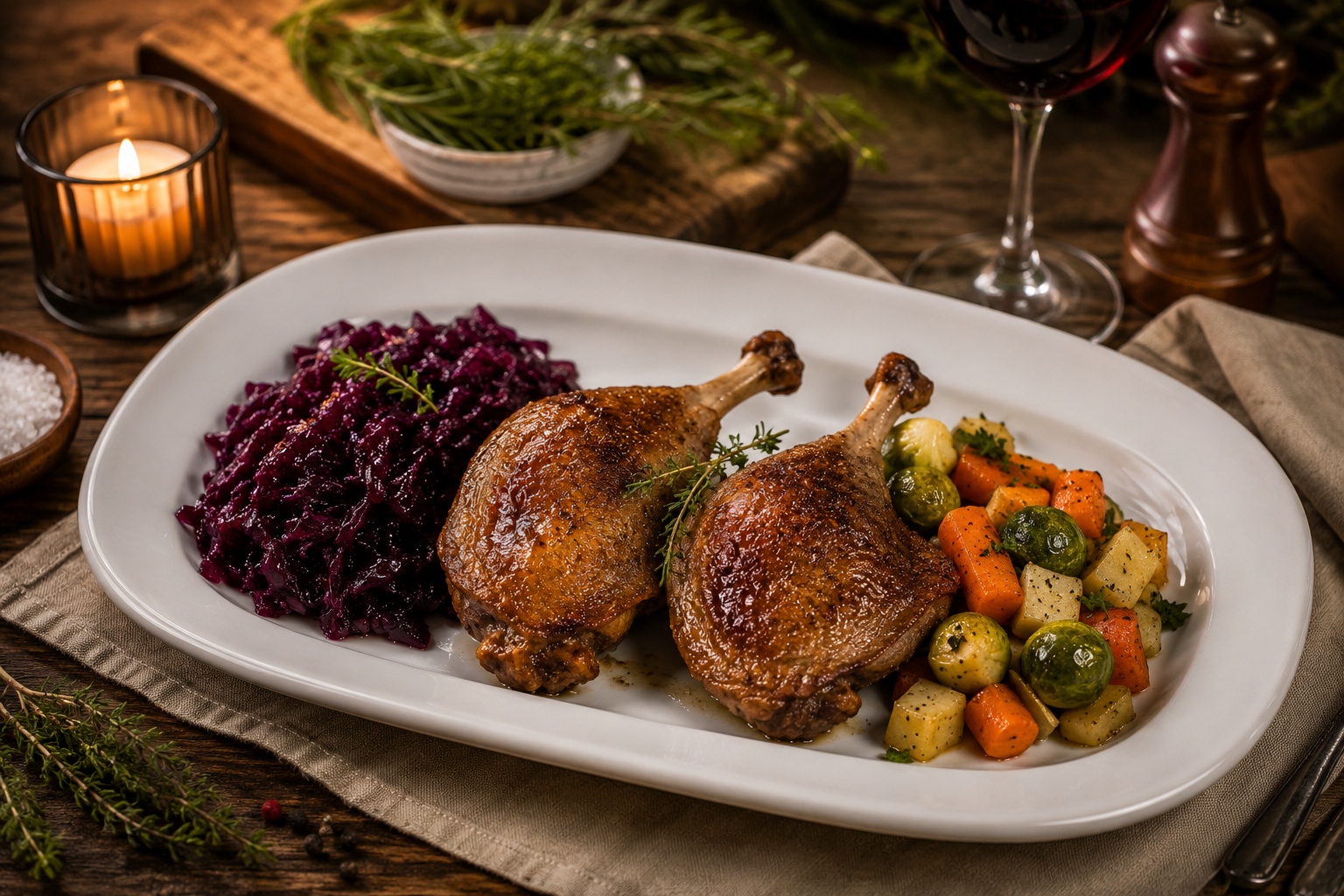 Sous-Vide  kacsacomb párolt lila káposztával - Sous-vide Entenkeule mit gedünstetem Rotkohl - Sous-vide duck drumstick with braised red cabbage