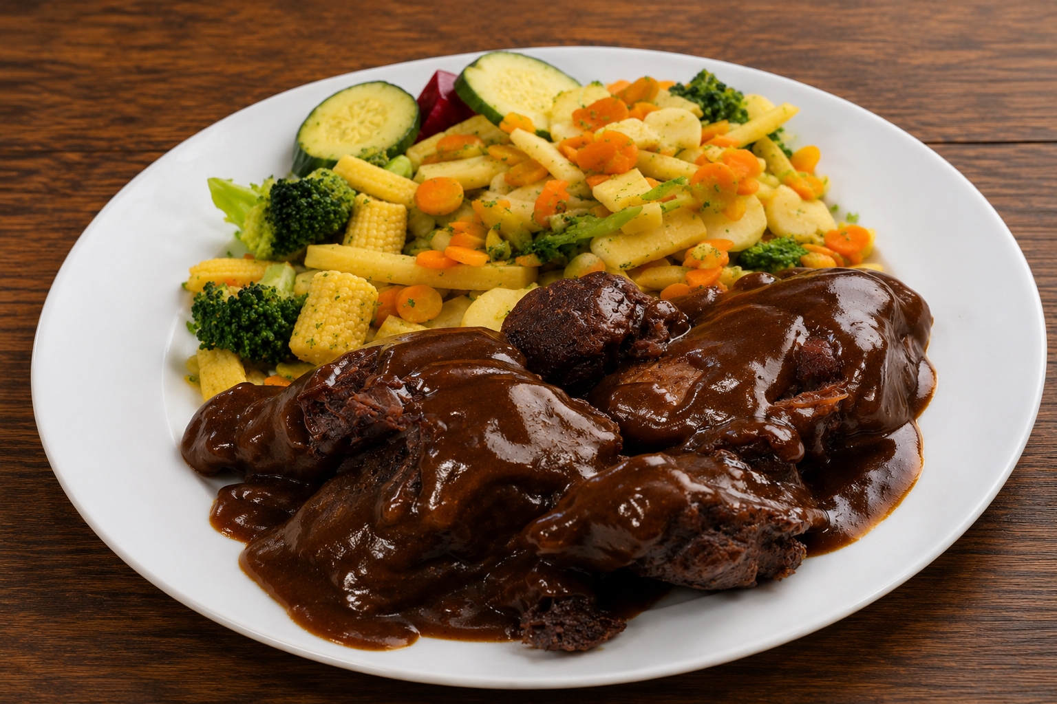 Marhapofa szuvidálva, kérgesítve, párolt zöldséggel, barnamártással (A,C,G,I) - Rinderbacke, sous-vide gegart, angebraten, mit gedünstetem Gemüse und brauner Soße.(A,C,G,I) - Beef cheek, sous-vided, seared, with steamed vegetables and brown sauce.(A,C,G,I)