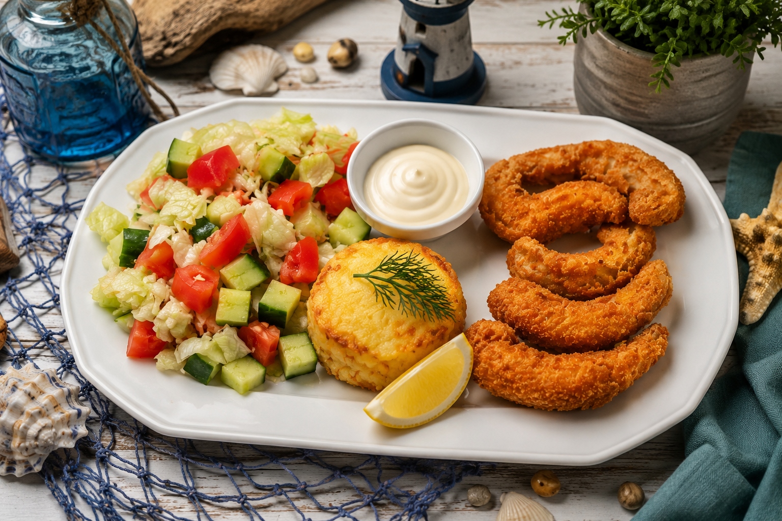 Panírozott Koktélrák, tejszínes sajtos, füszerezett burgonya gratinivel, salátával, majonéz (A,B,C,D,G) - Frittierte Cocktailkrabben, mit Käse gewürzter Kartoffelgratin, Salat, Mayonnaise - Fried cocktail crab, potato gratin seasoned with cheese, salad, mayonnaise