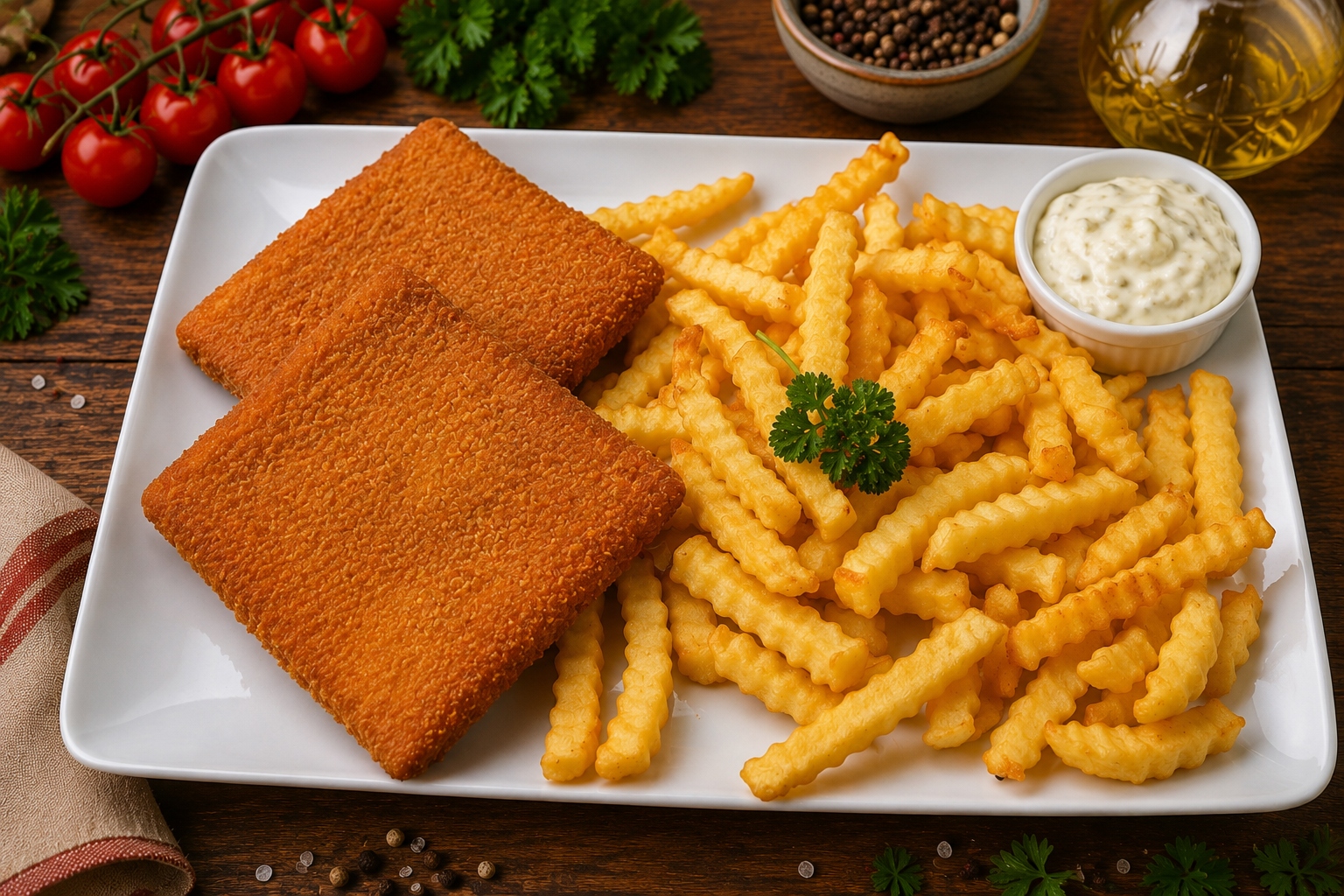 Rántott sajt hasábburgonyával (A,C,G) - Gebackene Käse mit Pommes - Breaded cheese with French fries