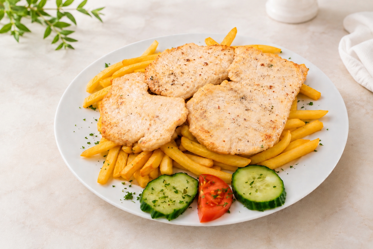 Serpenyőben sült, lédús natúr sertéskaraj hasábburgonyával.(A) - Gebratene, saftige Natur-Schweinelende mit Pommes frites. - Pan-fried, juicy natural pork loin with French fries.