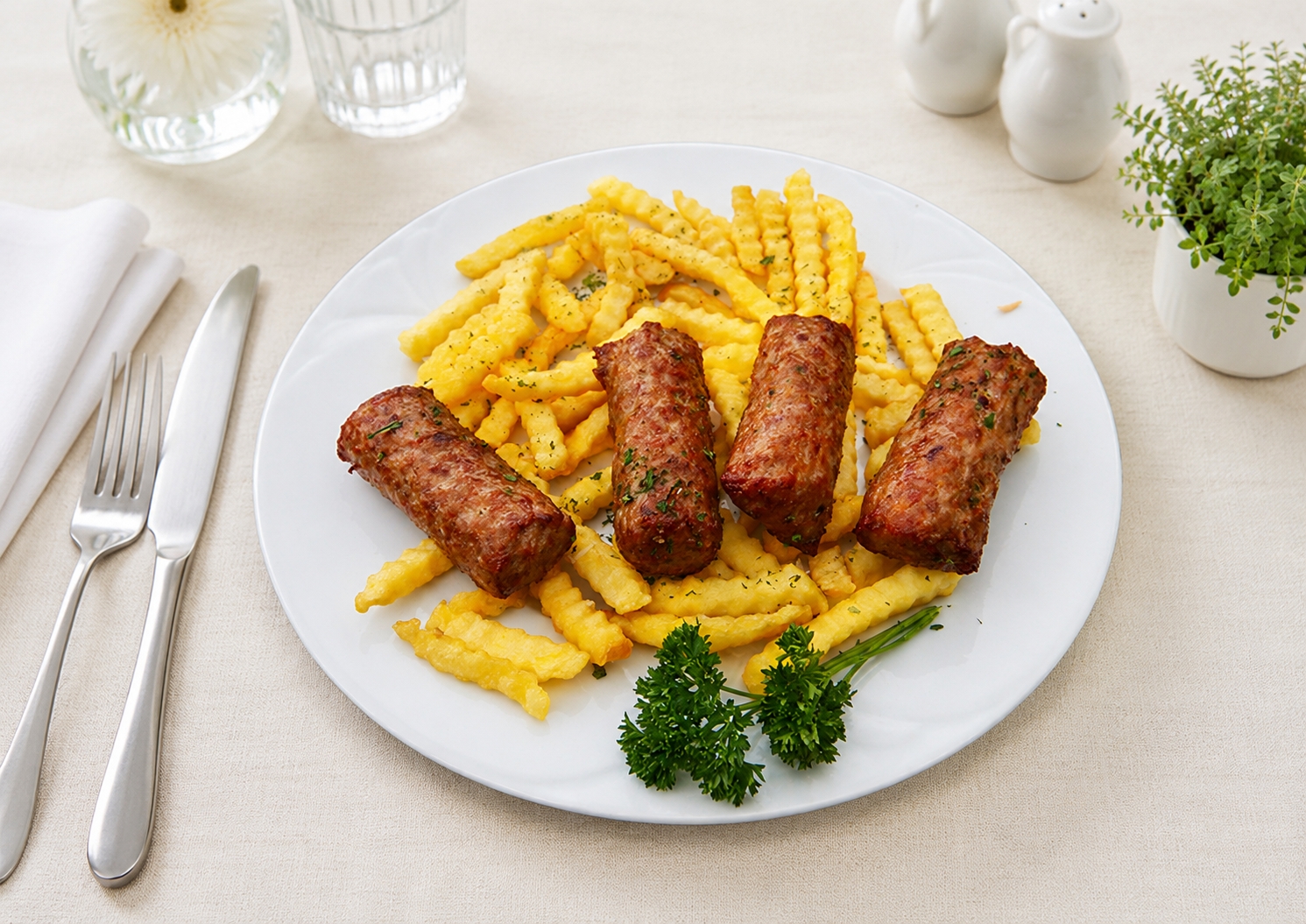 Cevapcici hasábburgonyával, ajvárral (A,C,J,) - Cevapcici with French fries and ajvar - Cevapcici with French fries and ajvar
